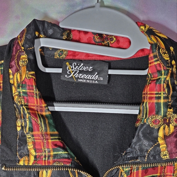 Silver Threads Baroque Windbreaker Full Zip Oversized Plaid Patch Jacket Size XL - Picture 3 of 10